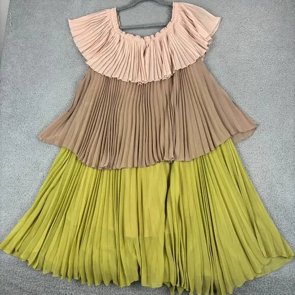 Delfi Collective Paige Dress Large Boho Off Shoulder Colorblock Pleat Retro USA - Picture 9 of 11